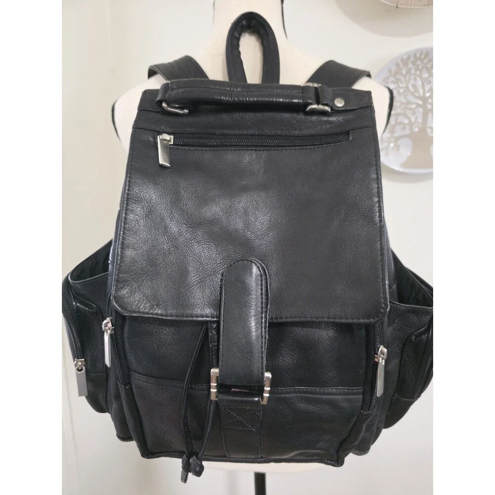 Beautiful David King Boston Soft Black Leather Multi-Pocket Backpack EuC